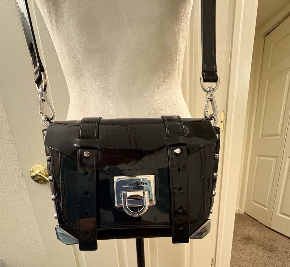 Michael Kors Manhattan Small Studded Patent Leather Messenger Bag